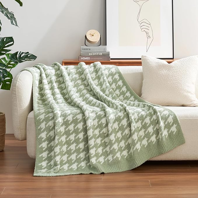 Snuggle Sac Houndstooth Throw Blanket for Couch, Reversible Super Soft Warm Blankets Cozy Knit Fuzzy Plush Lightweight Throws for Sofa, Bed, Camping, Green,50x60 inches-Ruum Studio Home
