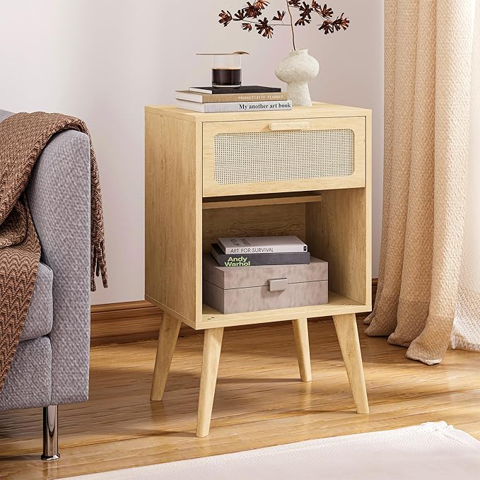 Rattan Nightstand with Opening Storage,Boho Bedside Table with Drawer,Wood Nightstand with Solid Wood Legs,End Side Table for Living Room,Bedroom,Small Space Natural CTG62Y-Ruum Studio Home