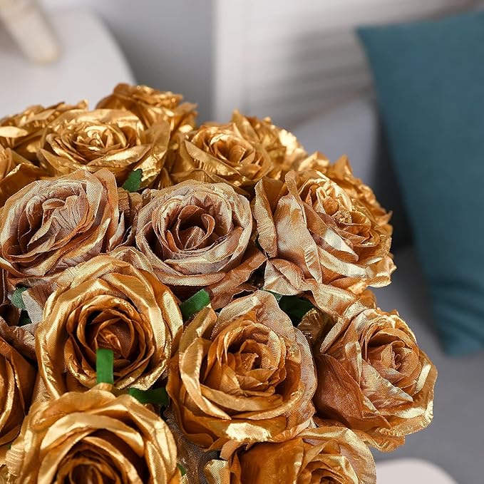 Gold Fake Roses Artificial Flowers - 16 Pcs Fake Artificial Roses Silk Flowers with Stems for Home Wedding Hotel Office Centerpiece Decor-Ruum Studio Home