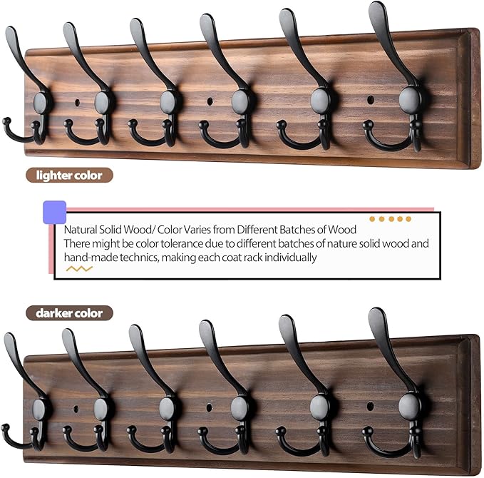 Coat Rack Wall Mount, Wooden Heavy Duty Coat Rack for Wall,6 Triple Coat Hanger Hooks for Hanging Coats,Jacket,Hat,Clothes (Brown, 6 Hooks)-Ruum Studio Home