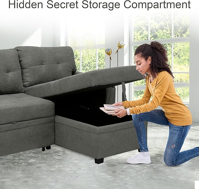 Naomi Home Transform Any Space: Sleeper Sectional Sofa with Convertible Sofa Bed & Inviting Chaise. Find Tranquil Comfort with Stress-Relieving Design & Durable Cushions - Gray/Velvet-Ruum Studio Home