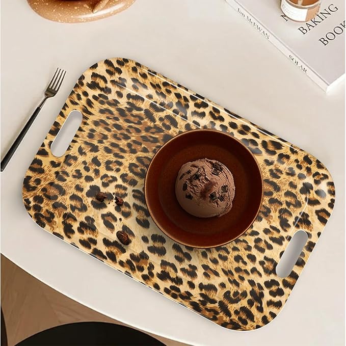 Serving Trays with Handles, 14.5 x 9.8 inch Rectangular Plastic Tray for Restaurant, Kitchen, Brown Leopard-Ruum Studio Home