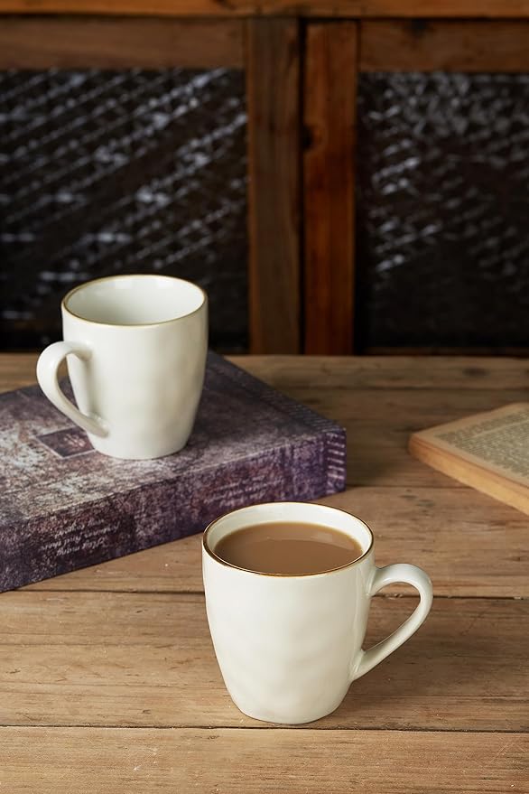 famiware Coffee Mugs Set of 4, Ocean Round 11.5oz Coffee Cup Set with Handle for Cocoa, Milk, Hot Chocolate, Tea or Water, Stoneware Cups for Kitchen, Microwave Dishwasher Safe, Vanilla White-Ruum Studio Home