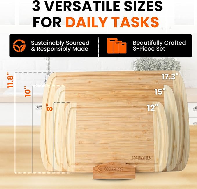 Bamboo Cutting Board Set – Charcuterie & Chopping Boards for Kitchen, Large & Small Sizes, Safe Cutting Boards for Meat, Cheese, Pizza – Home & Kitchen Gift Idea-Ruum Studio Home