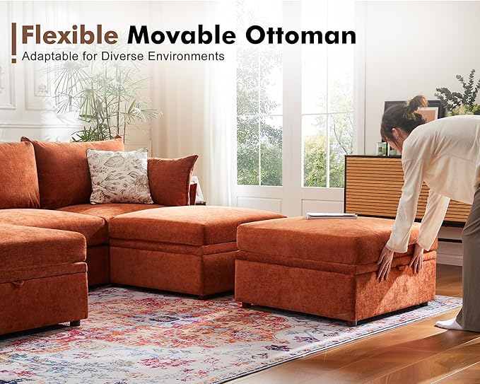 Luxury Modular Sectional Sofa, L-Shaped 3-Seat Couch with Storage Ottoman Deep Seat & Reversible Chaise Lounge Chenille Terracotta Orange for Compact Spaces, Apartments, Dorm-Ruum Studio Home
