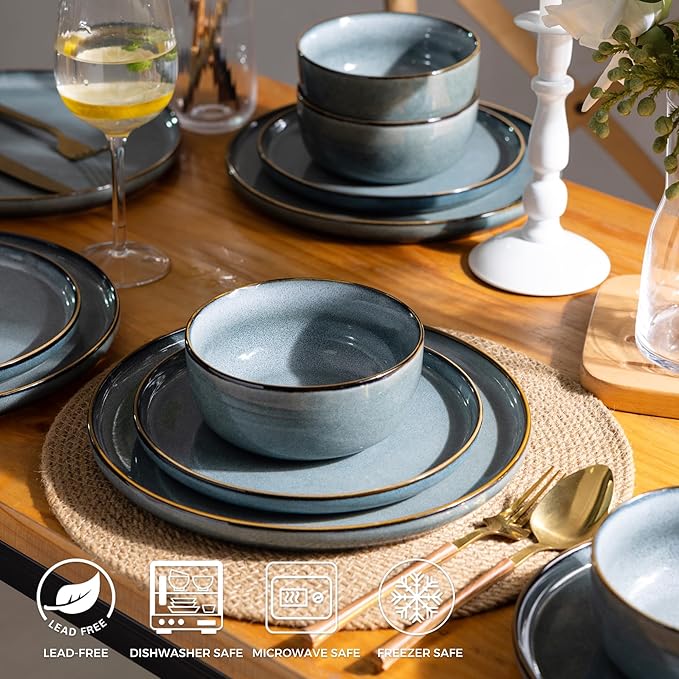 GBHOME Ceramic Dinnerware Sets for 6, 18 Pieces Stoneware Plates and Bowls Sets, Scratch Resistant Dishes, Dishwasher & Microwave Safe, Space Blue-Ruum Studio Home
