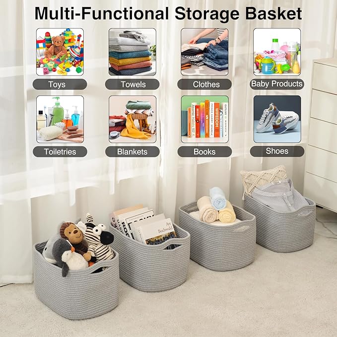Storage Baskets for Organizing & Shelves, Woven Cotton Rope Organization Bins for Dog Toys, Clothes, Books, Nursery Organizer, 15" Lx11 Wx9.5 H, (4 Packs) Grey-Ruum Studio Home