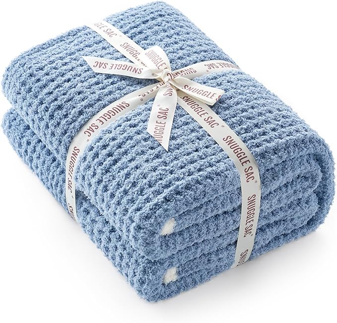 Snuggle Sac Blue Waffle Throw Blanket for Couch Bed Sofa 60x80 inches, Reversible Blue Blanket Microfiber Fluffy Fuzzy Cozy Knit Twin Blanket for Women Mothers Birthday Gifts-Ruum Studio Home