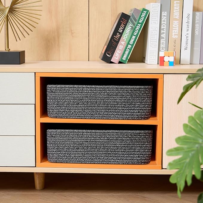 Large Shallow Organizing Baskets 15x11x5.1 Inches - Rope Woven Storage Bins for Bathroom, Shelves, Cube Closet, Mixed Black 2 Packs-Ruum Studio Home
