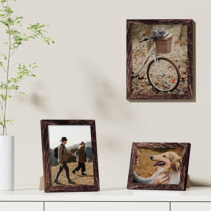 Vittanly 5x7 Picture Frames Set of 9, Shatter Resistant Plexiglass, Display 4x6 Pictures with Mat or 5x7 without Mat, Photo Frames for Wall or Tabletop, Engineered Wood, Brown-Ruum Studio Home