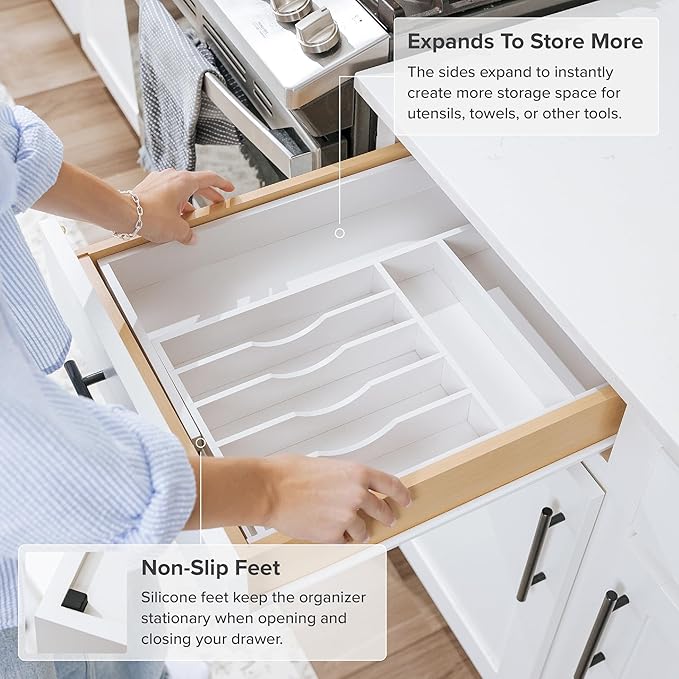 Premium Silverware, Flatware and Utensil Organizer for Kitchen Drawers, Food-Safe Contract Grade, Expandable from 10.5 to 19 In, White Bamboo-Ruum Studio Home