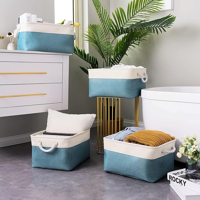 TcaFmac Storage Basket for Organizing - Large 4 Pack Fabric Storage Bins Baskets for Shelves with Ropes, Collapsible Storage Cubes for Closet Toy (White & Green16x12x8 inch)-Ruum Studio Home
