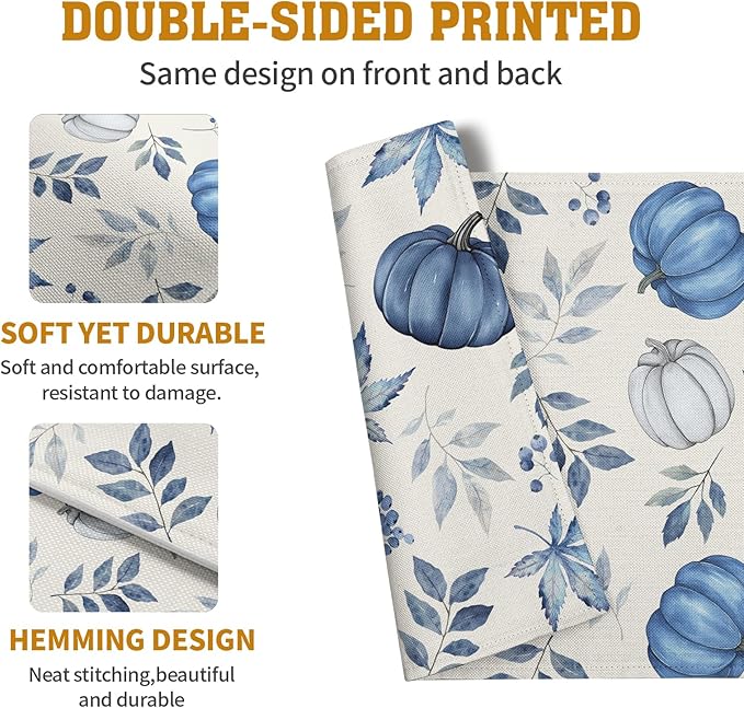 Blue Pumpkin Maple Leaves Fall Placemats Set of 4 Autumn Thanksgiving Harvest Linen Place Mat Non Slip Heat Resistant Washable Table Mats for Party Kitchen Dining Decoration-Ruum Studio Home