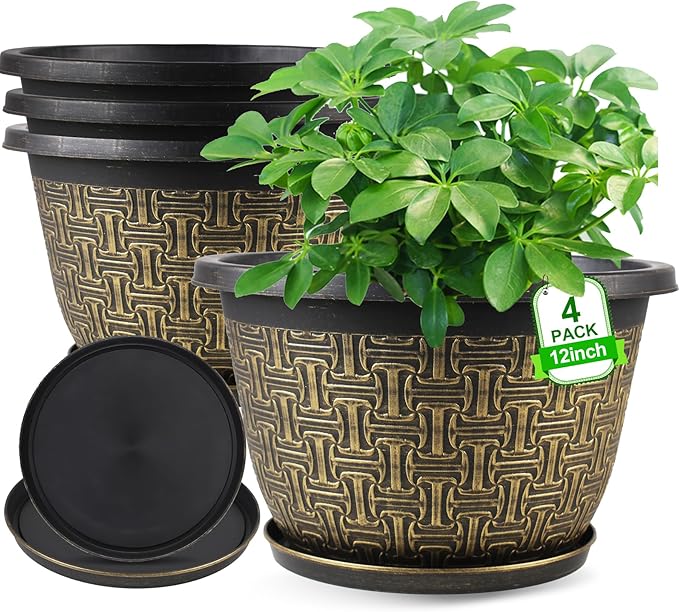 4 Pack 12 Inch Plant Pots,Large-Plant-Flower-Planters-Plastic, Flower Pots Outdoor Indoor with Drainage Holes & Trays, Retro Antique Imitation Decorative Garden Sets for Houseplants-Ruum Studio Home