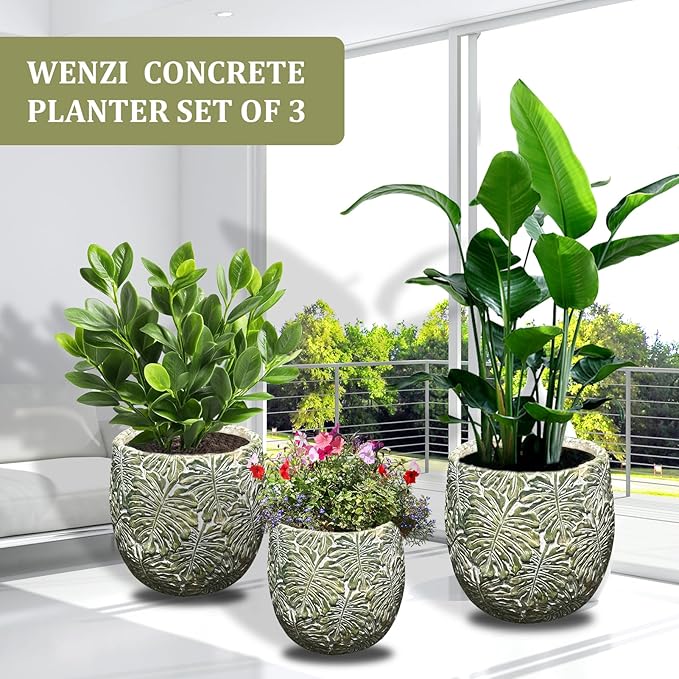 Craft flowerpots 18"+13"+19" Dia Round Concrete Planter Set of 3 Large Outdoor/Indoor Planter Pots Containers with Drainage Holes and Rubber Plug for Home Garden (Green, Large)-Ruum Studio Home