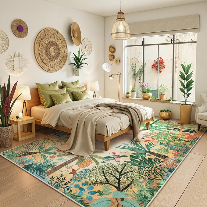 LIVEBOX Large 9x12 Forest Area Rug for Living Room, Soft Washable Sun Yellow Rugs for Bedroom, Non Slip Ultra Thin Floor Carpet Jungle Animal Print Rugs for Dining Room-Ruum Studio Home