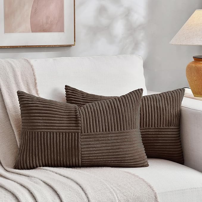 Fancy Homi 2 Packs Dark Brown Lumbar Decorative Throw Pillow Covers 12x20 Inch for Living Room Couch Bed, Rustic Farmhouse Boho Home Decor, Soft Striped Corduroy Rectangle Accent Cushion Case 30x50 cm-Ruum Studio Home