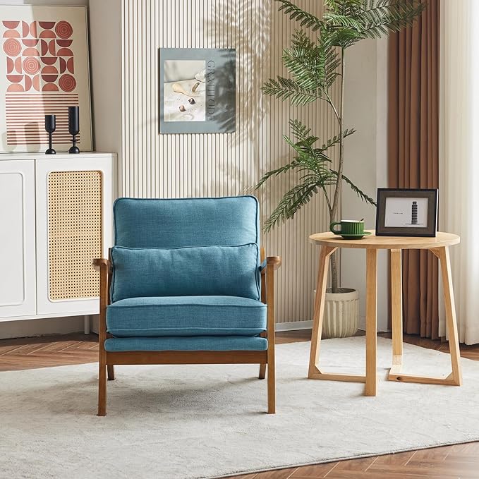 Karl home Accent Chair Wide Armrest Mid-Century Lounge Chair Linen Fabric Armchair with Lumbar Pillow & Solid Wood Frame for Living Room, Bedroom, Balcony, Cyan-Blue-Ruum Studio Home