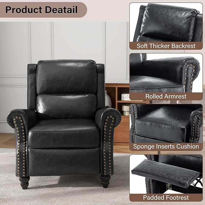UIXE Pushback Recliner Chairs Set of 2, PU Leather Armchair Push Back Accent Chair, Rivet Trim Club Chair Home Theater Overstuffed Single Sofa Reading Seat for Living Room, Black-Ruum Studio Home