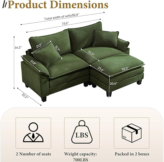 URRED Modular Sectional Sofa Comfy Cloud Couch, Modern Corduroy Sofa Sleeper Deep Seat Couches with Ottoman/Pillows for Living Room (Green, 82.6''- L Shape)-Ruum Studio Home
