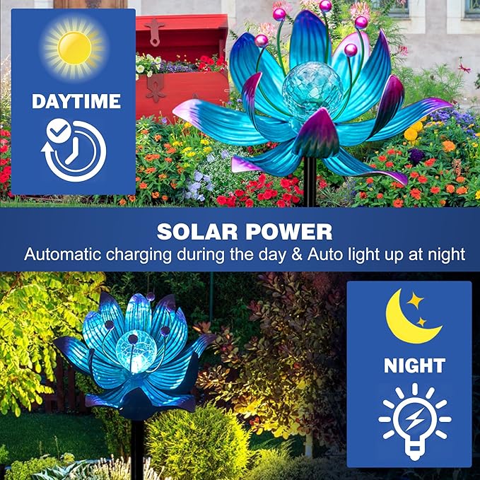 Solar Wind Spinner, 38 Inch Metal Stake Yard Spinners,Solar Powered Multi-Color LED Glass Ball with Kinetic Wind Sculpture Spinner Windmills for Yard (38IN-Purple)-Ruum Studio Home