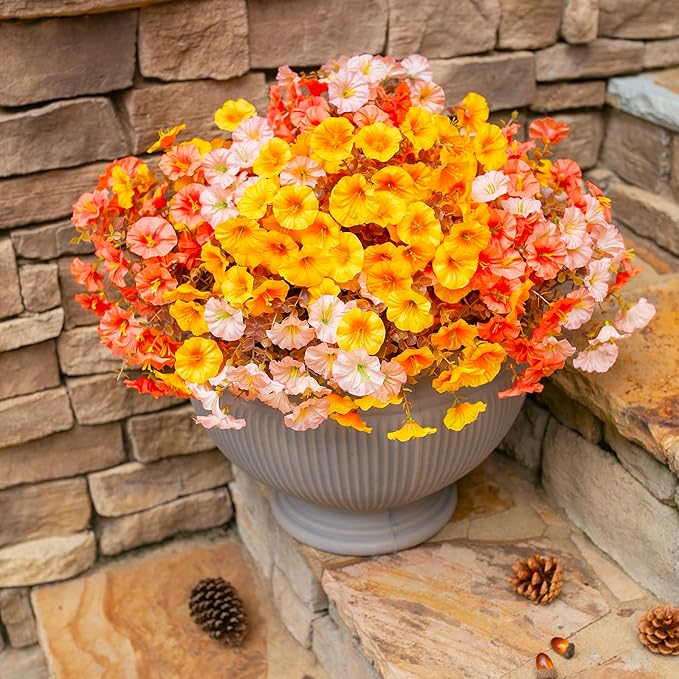 Artificial Mums for Outdoors Fake Fall Flowers Plants for Autumn Decoration, 12 Bundles Silk Morning Glory with Eucalyptus Look Real UV Resistant Faux Mums for Outside Planters Yard Patio Porch, Mix-Ruum Studio Home