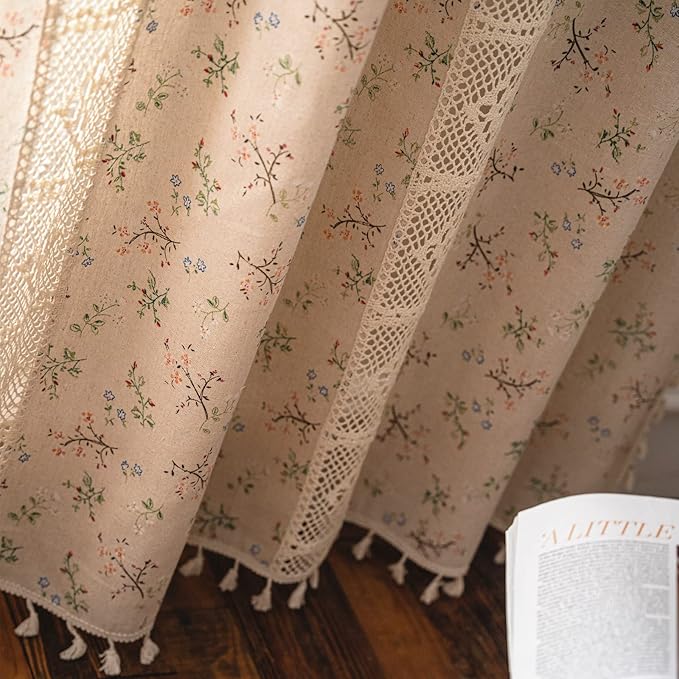 Sutuo Home Boho Curtain Semi-Blackout Crochet Hollow Lace Patchwork with Floral Print Cotton Linen Fabric, Handmade Tassels Rod Pocket Bohemian Window Drapes for Living Bedroom, 59"W x 63"L, 1 Panel-Ruum Studio Home