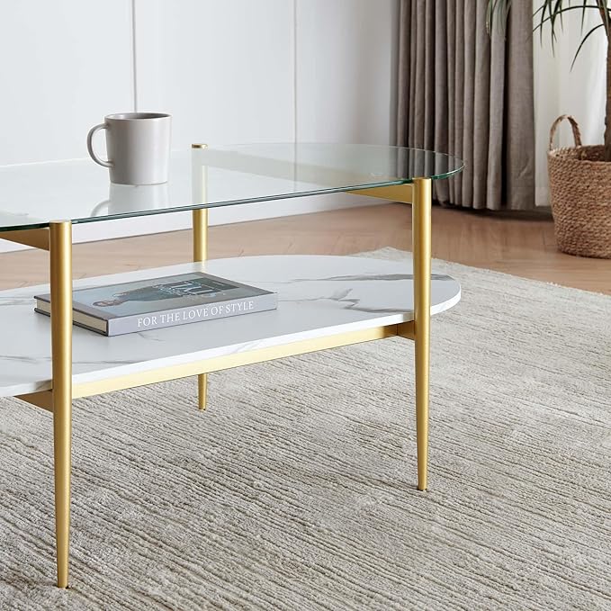Oval Coffee Table, Mid-Century Modern Design, L41 x W21 x H17 inch, for Living Room, Clear Glass Top, White Marble Finish Wood Shelf & Gold Finish Frame-Ruum Studio Home