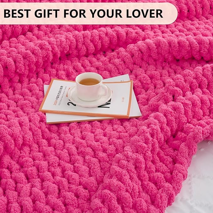 L'AGRATY Chunky Knit Blanket Throw: 50''x60'' Chenille Chunky Knitted Throw Blanket for Bed Couch - Handmade Thick Big Cable Knit Blankets - Large Crochet Rope Blanket for Home Decor(Hot Pink)-Ruum Studio Home