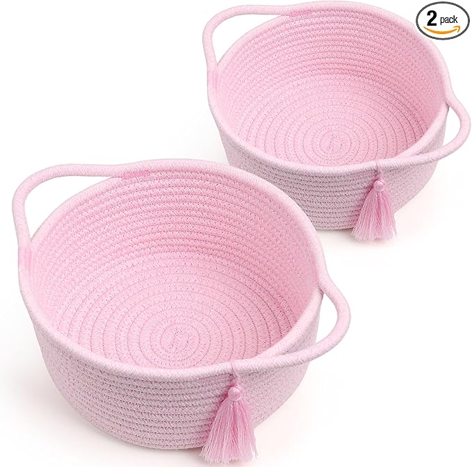 Small Cute Empty Gift Basket Little Woven Rope Organizer Baskets for Baby Shower Gifting, Makeup Brushes Holder, Bathroom- Decorative Vanity Storage Bins - 2 Pack, Pre-Shaped, Pastel Pink-Ruum Studio Home