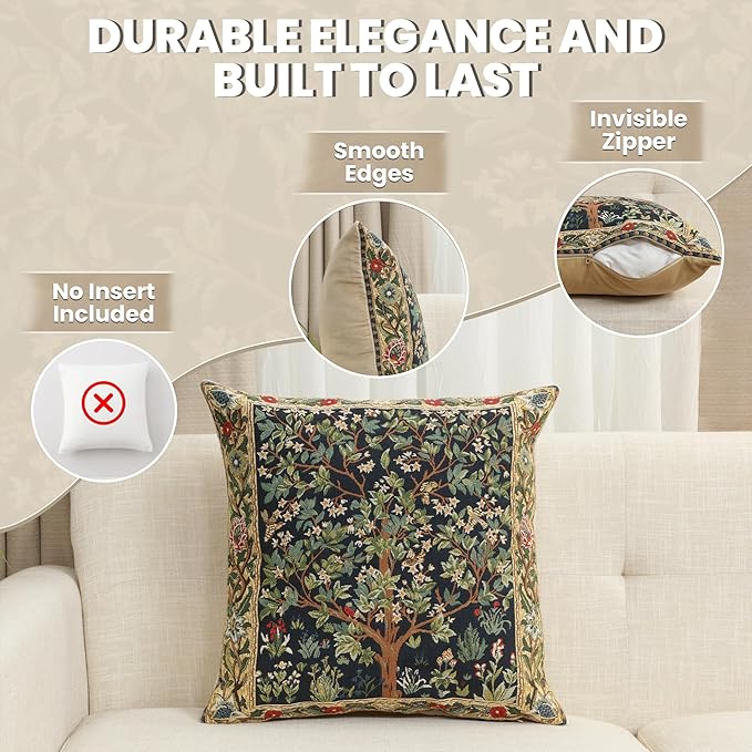 Charlotte Home Furnishings Throw Pillow Covers, Decorative Boho Pillow Covers for Couch, Living Room, Blue Tree Square Cushion Cases 18x18 in, European Cotton Jacquard Woven for Cozy Bedroom Decor-Ruum Studio Home