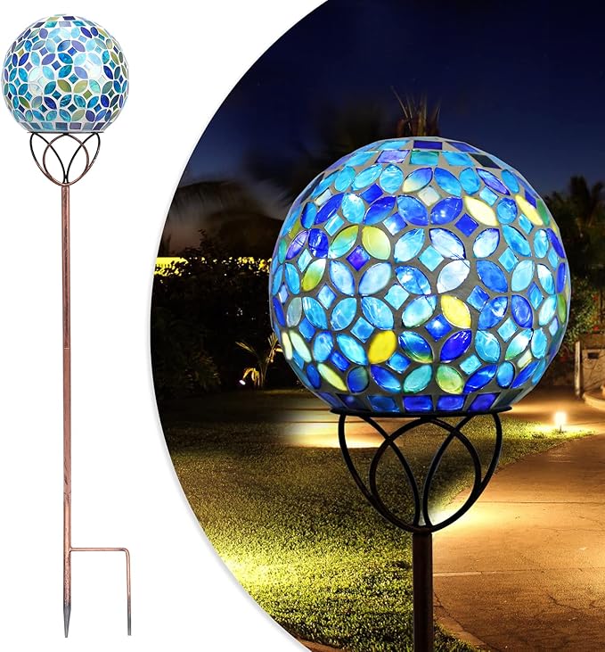 Solar Lights Outdoor Decorative, Solar Gazing Ball Mosaic Garden Stakes Decorative Waterproof Outdoor Lights for Pathway Yard Lawn Decoration (Blue)-Ruum Studio Home