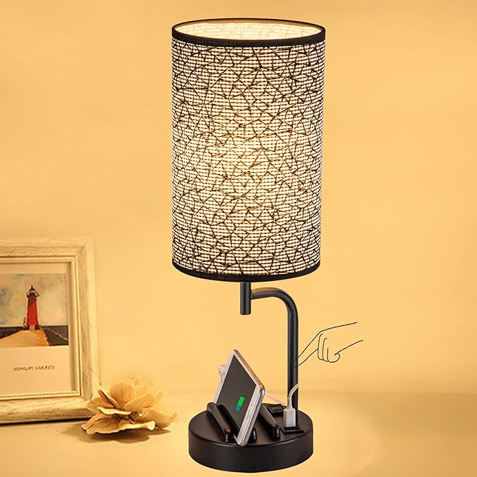 Dreamholder Touch Control USB Table Lamp, Upgraded 3-Way Dimmable Nightstand Desk Lamp with USB C & A Charging Ports and AC Outlet, Bedside Lamp for Bedroom Dimmable 9W LED Bulb Included-Ruum Studio Home