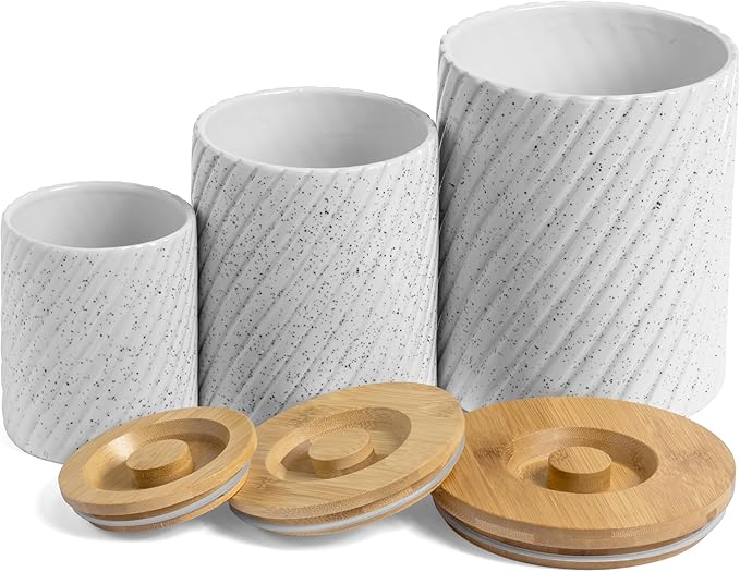 Ceramic Canister Set for Kitchen Countertop & Pantry – 3 Airtight Food Storage Containers for Flour, Sugar & More – Durable White Ceramic with Bamboo Lids-Ruum Studio Home