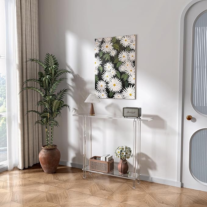 Acrylic Narrow Console Table for Entryway, 7.6" D x 39.4" W x 31.5" H, Square Legs, Skinny Entry Table for Sofa, Foyer, Hallway, Living Room, Modern, 2-Tier, Clear-Ruum Studio Home