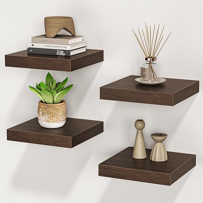 Square Floating Shelves for Wall, 8" W x 8" D x 1.2" H, Small Wooden Wall Mounted Display Shelves with Invisible Brackets for Living Room, Bedroom, Bathroom, Kitchen Decor, Set of 4, Walnut-Ruum Studio Home