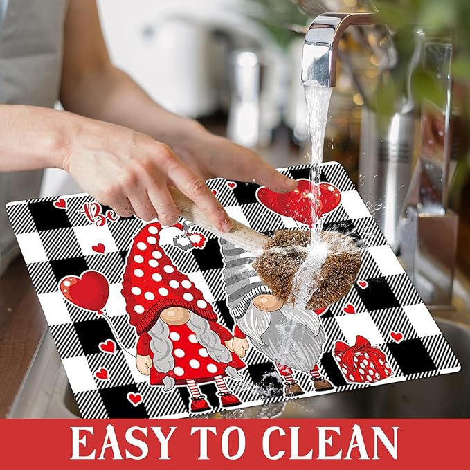Valentine's Day Placemats Set of 6 Gnomes Plastic Table Mats Buffalo Plaid Place Mats Washable Vinyl Love Hearts Table Decoration for Anniversary Wedding Party Kitchen Dining Table-Ruum Studio Home