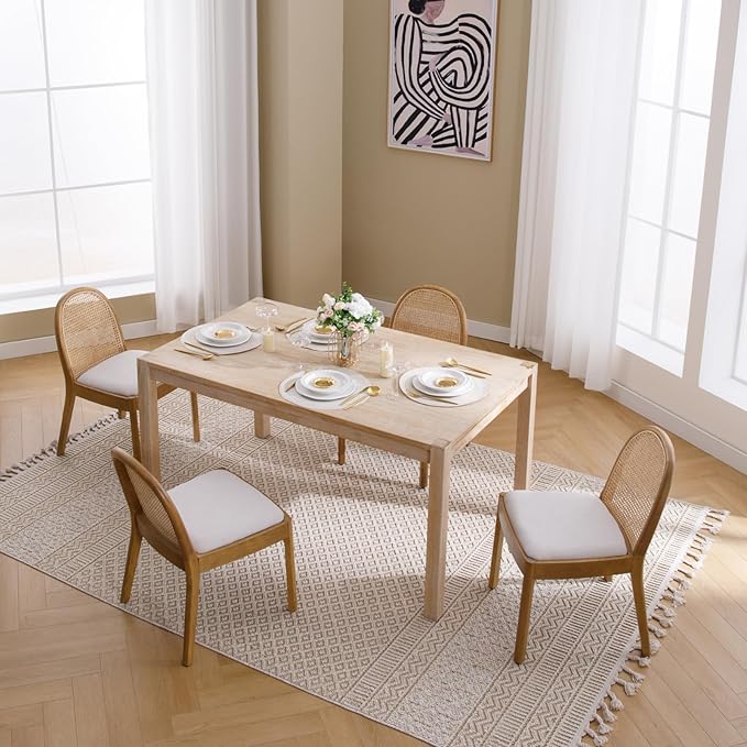 Mid Century Dining Chairs Set of 4, Accent Rattan Linen Fabric Side Chairs Kitchen Chair with Solid Wooden Legs for Living Room Dining Room, Beige-Ruum Studio Home