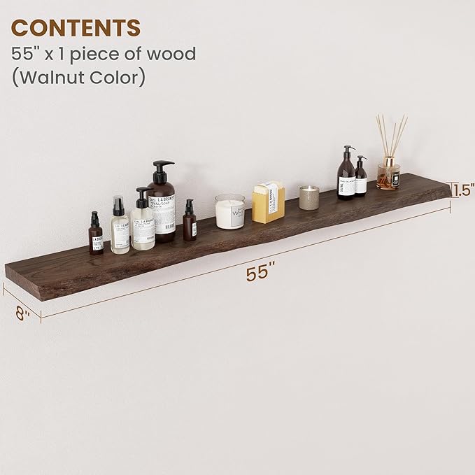 Floating Shelves for Wall Decor, Rustic Solid Elm Wood Live Edge Floating Shelves Wall Mounted, Wall Shelves with Invisible Bracket for Living Room Bathroom Bedroom Kitchen, 55 Inch, Walnut-Ruum Studio Home