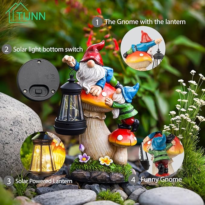 TIJNN Solar Garden Statue Gnomes Figurine Lights,Funny Gnomes Standing on Mushrooms with Lanterns, with Lanterns Outdoor Yard Decorations for Patio Porch Home, Garden Gifts for Women Mom-Ruum Studio Home