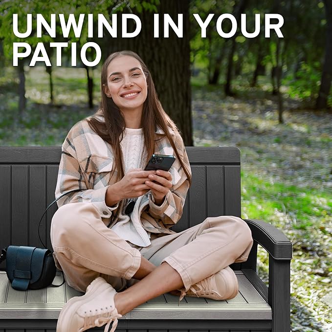EconoHome 2 Seat Outdoor Storage Bench with Rain Cover - 60 Gallon Capacity - Weatherproof Resin Bench for Patio, Porch, Garden, Yard, Pool Area - Furniture for Pool Accessories, Gardening Tools-Ruum Studio Home
