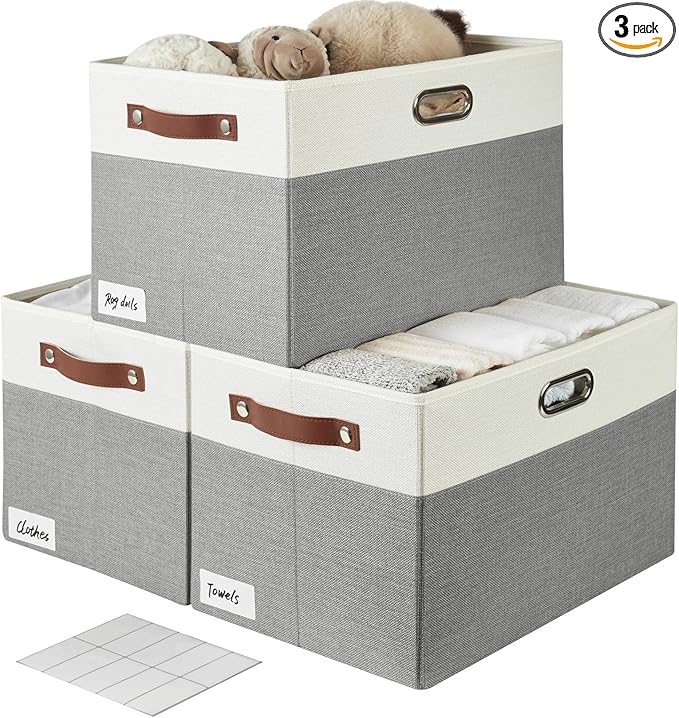 Large Collapsible Fabric Storage Bins with 3 Handles, Foldable Organizer Baskets for Closet, Shelves, Living Room | 3 Pack, Durable PU & Metal Handles (17"x11.8"x11.8", Gray & White)-Ruum Studio Home