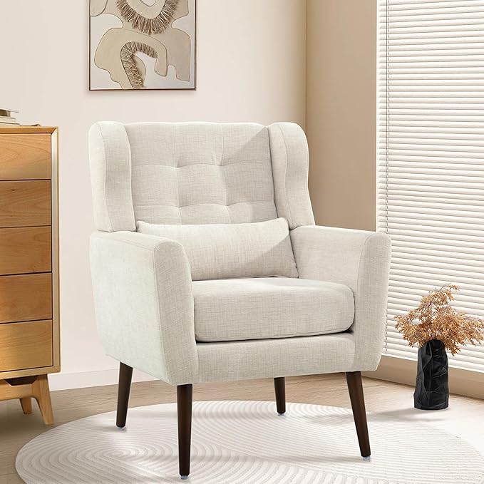 Modern Accent Chair, Upholstered Armchair with Pillow, Fabric Single Sofa Chair with Lounge Seat and Wood Legs Accent Chair for Living Room Bedroom Small Spaces (Beige, Set of 1)-Ruum Studio Home
