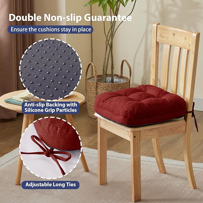Chair Cushions for Dining Chairs, Dining Chair Cushions, Tufted Indoor Chair Pads with Ties & Non Slip Backing, Seat Cushions for Kitchen Chairs 16.5” x 16.5” x 3.5”, Set of 4, Red-Ruum Studio Home