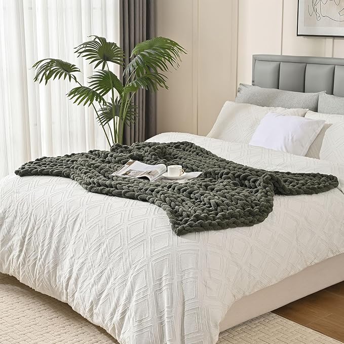 Esterra Chunky Knit Blanket Throw, 100% Handmade Chenille Throw Blanket 40"x50", Soft Thick Yarn Cable Knit Crochet Throw Blanket Rope Knot Throw for Couch Bed Sofa, Dusty Olive-Ruum Studio Home