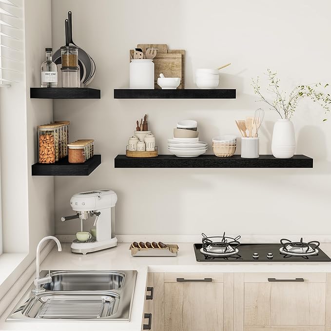 Black Floating Shelves for Wall 24 Inches Long, 12" Deep Wall Shelves 2" Thick, Heavy Duty Shelf for Bedroom, Bathroom, Living Room, Kitchen, Office, Home Decor, Modern Shelf Set of 2, 24" X 12" X 2"-Ruum Studio Home