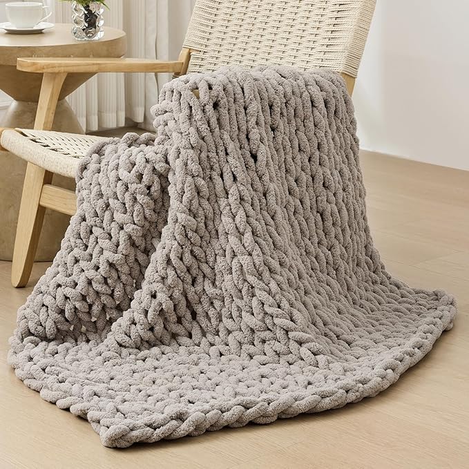 Bigacogo Chunky Knit Throw Blanket for Couch, 40x40 inches, 100% Hand Knitted with Thick Jumbo Chenille Yarn, Cozy Soft Large Rope Knot Cable Crochet Blankets for Sofa Bed Living Room, Taupe-Ruum Studio Home