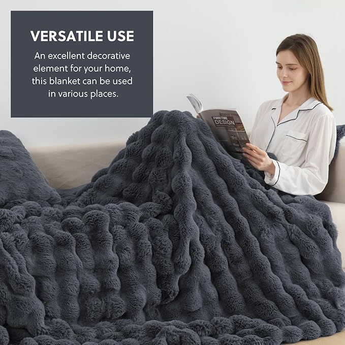 Cozy Faux Fur Throw Blanket for Bed-Warm Fuzzy Throw Blanket, Soft Plush Thick Bubble Blankets for Bedroom and Living Room, Furry Luxury Blanket, 60 x 80, Grey-Ruum Studio Home