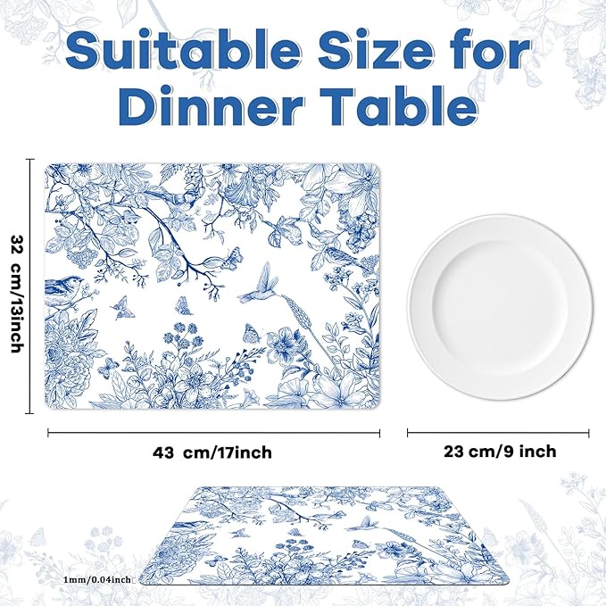 Blue Floral Placemats Set of 6 Flower Bird Plastic Table Mats Seasonal Spring Placemats Chinoiserie Place Mats Rustic Vintage Table Decoration for Indoor Outdoor Party Kitchen Dining-Ruum Studio Home