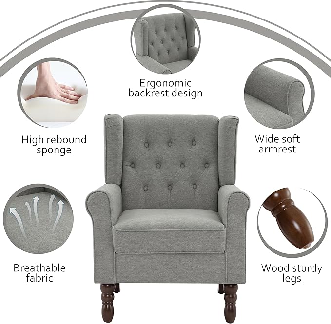 Lumibee High Back Accent Chair Set of 2,Upholstered Wingback Armchair with Solid Wood Legs for Small Spaces,Comfy Single Sofa Chair for Living Room,Bedroom,Office-Light Gray-Ruum Studio Home